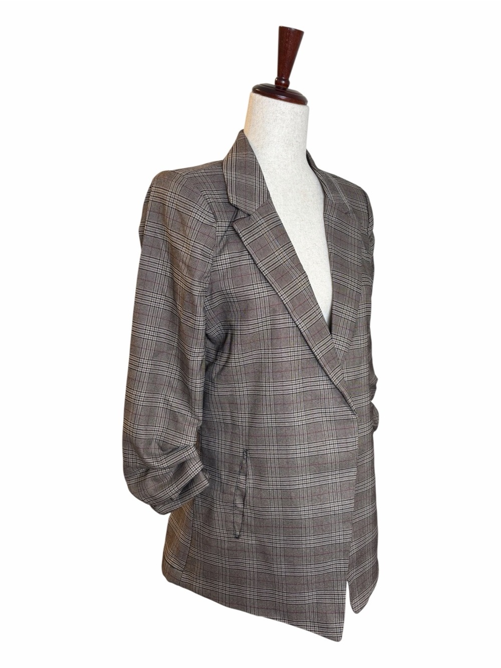Studio Brown Plaid 3/4 Sleeve Ruched Blazer Sm Med Lg - Picture 13 of 16